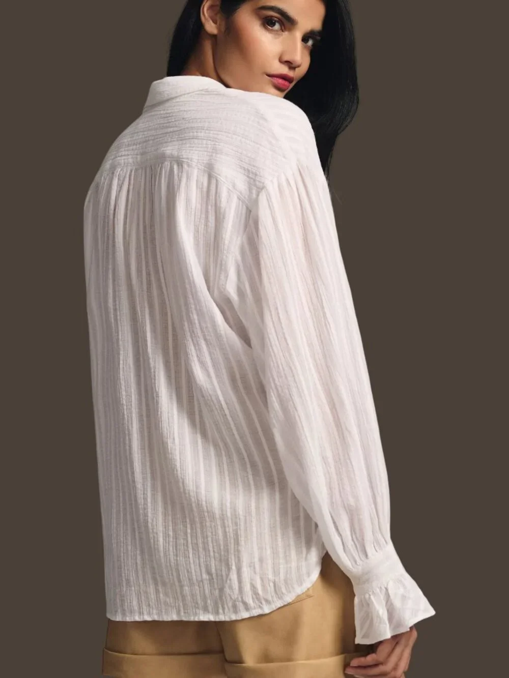 Anthropologie Ruffled Blouse Puff Sleeve Sheer White Medium